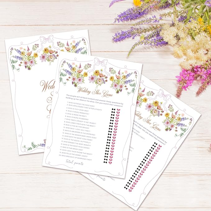 Wedding Shoe Game Bridal Shower Games, Wildflowers Pink Bow Games Card for Wedding Reception, Bridal Shower, Engagement, Bachelorette Party Activity Decorations (25 Pack) -A06