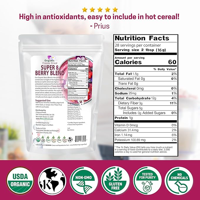 Z Natural Foods Super 8 Berry Blend - Organic Freeze Dried Berry Powder, Fruit Superfood Powder - Delicious Powdered Fruit Berry, Antioxidant Powder for Smoothies, Yogurts, Healthy Drink Mix, 1 lb