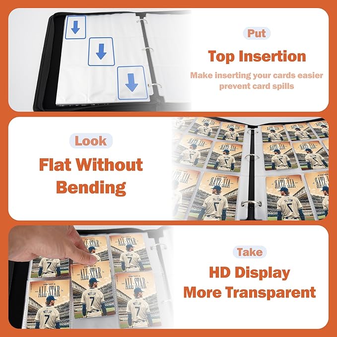 9 Pockets Trading Sports Card Binder with Sleeves, 50 Removable Pages, 3 Ring Zipper Binder Collectable Card Book Album with Strap, Compatible with 2025 Topps Baseball Cards(Baseball Glove)