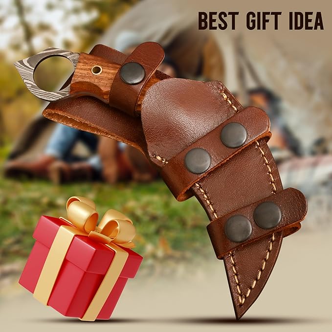 Damascus steel Handmade Knife, Survival claw Tactical teeth Knife Double edged sharp, Fixed Blade Knife With Sheath, Curved knife (Walnut Wood)