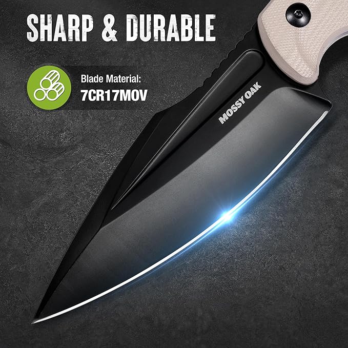 Mossy Oak Survival Hunting Knife with Sheath, 8.5-inch Full-tang Fixed Blade Knife, Outdoor Knives for Survival, Camping, Hiking (G10 Handle-Desert)