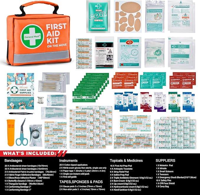 General Medi First Aid Kit - 150 Pieces Small Compact First Aid Kit Bag - Includes Instant Cold Pack, Emergency Blanket for Travel, Home, Office, Vehicle, Camping(Orange)