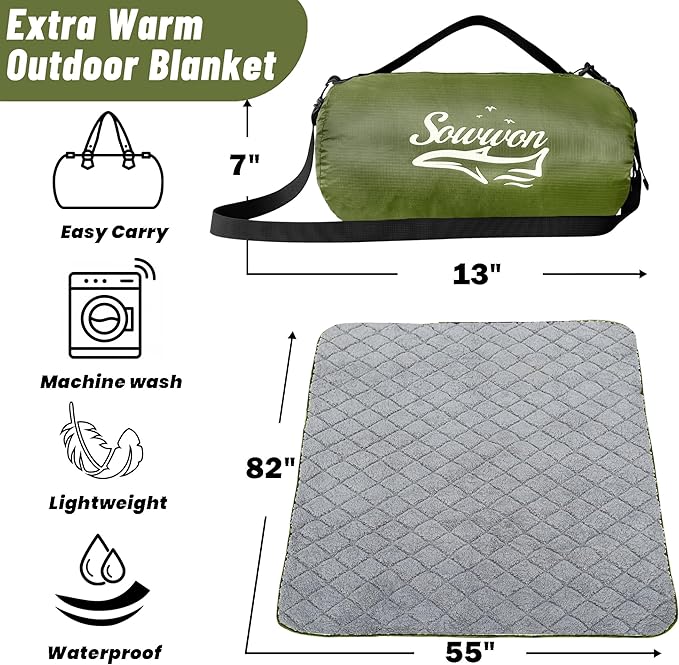 Waterproof Outdoor Blanket 82”X 55” Packable, Stadium Blankets for Camping with Sherpa Fleece Lining, Large Windproof Emergency Throw Mat for Garss Picnic Hiking Road Trip, Machine Washable, Green