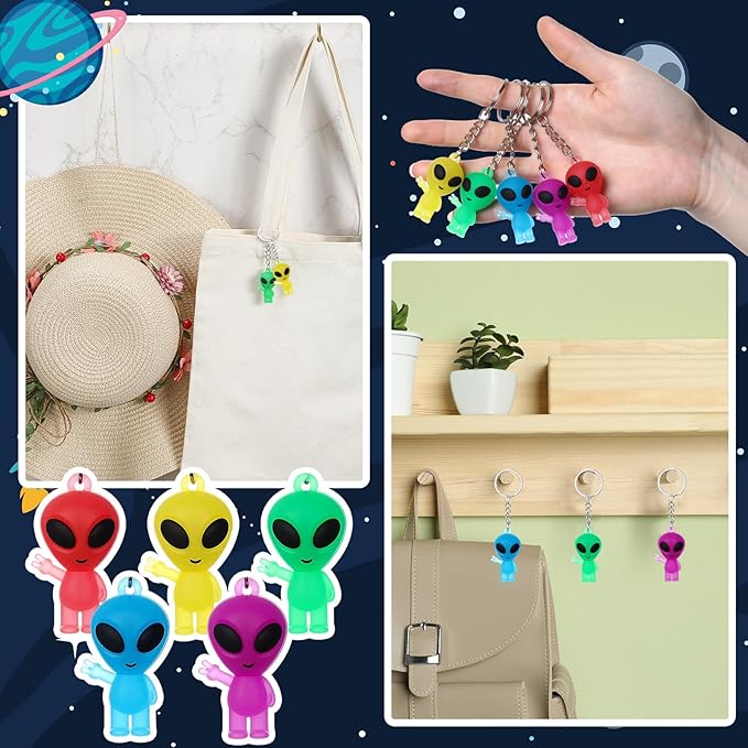 24 Pcs Alien Party Favors Alien Keychains Glow in The Dark Space Keychain Mini Aliens Figures Little Bulk Gift Prizes Goodie Bag Piñata Halloween Stuffers for Music Festival Easter (Colorful)