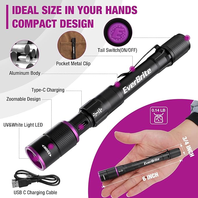 EverBrite Rechargeable Pen Flashlight with UV Light and White Light, 395nm Black Flashlight with Clip, Zoomable 4 Modes with Memory Function, USB C Cable, for Camping, Emergency, Pet Urine Detection