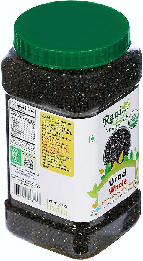 Rani Organic Urid/Urad Whole Black (Matpe Beans With Skin) Indian Lentils 64oz (4lbs) 1.81kg Bulk PET Jar ~ All Natural | Vegan | Gluten Friendly | NON-GMO | Indian Origin | USDA Certified Organic