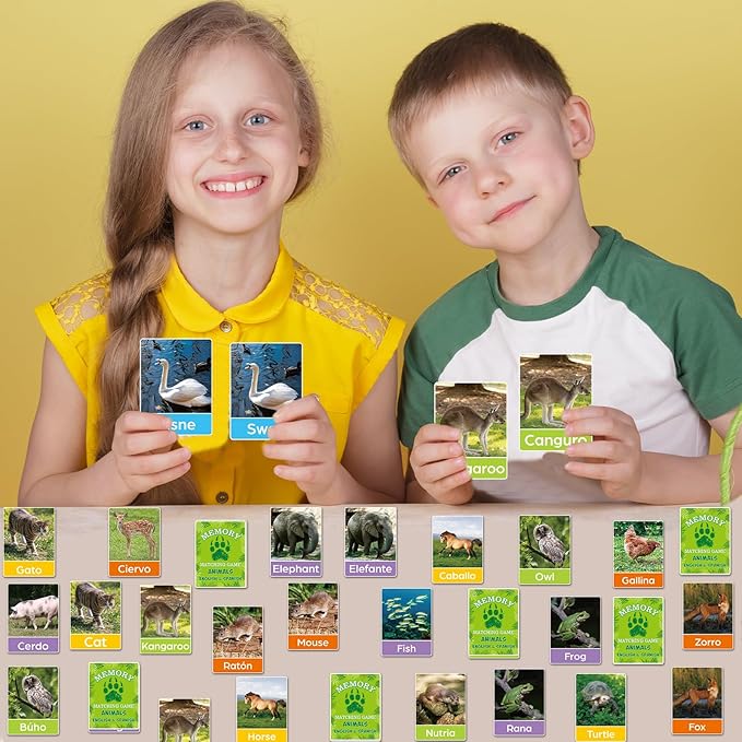 gisgfim 50 Pairs Memory Matching Games Spanish English Bilingual Animal Memory Matching Games Educational Game for Kids and Adults A Fun & Fast Animal Game Toddlers Preschool Family Board Gift