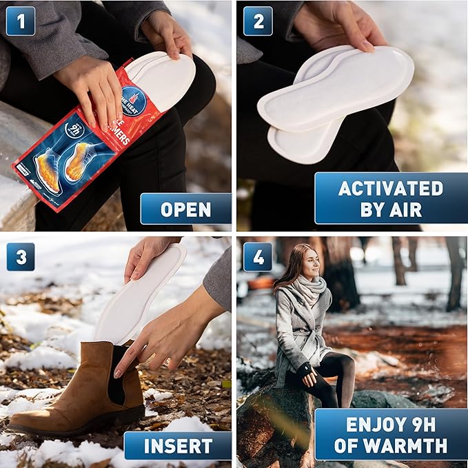 Insole Foot Warmers - 6, 12 or 32 Pairs β S, M, L, XL β 9h of Warmth - Air Activated Feet Warmers - Purely Natural - Toe Warmers for Feet - Insole Foot Warmers for Women & Men