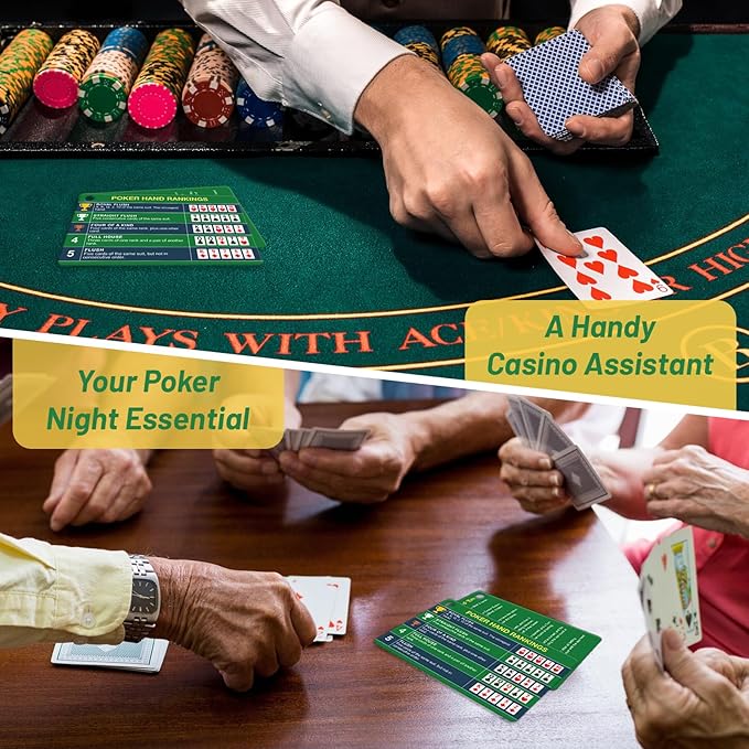4-Pack (8 Cards) Poker Hand Rankings Cards Set with Magnifier & Clip, Texas Hold'em Cheat Sheet & Rules Guide, Sturdy Poker Accessories for Beginners, Pros, Poker Night