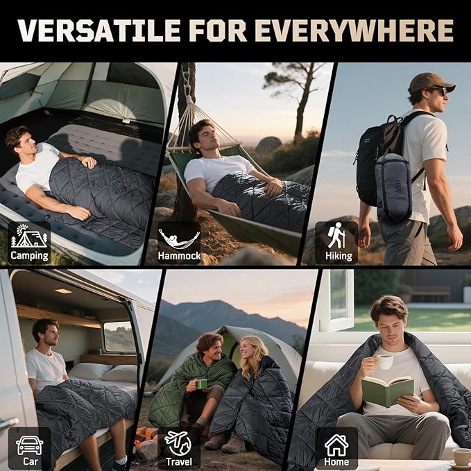 Camping Blanket - Packable, Ultra Warm and Lightweight with Snap Button Backpacking Quilt, for Sleeping, Outdoors, Travel, and Indoor Use - Gray