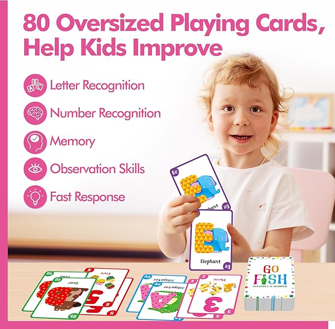 Go Fish Card Game, 80 Alphabet & Number Cards Oversize ABC 123 Memory Matching Game for Kids Learning, Party Game, Family Gathering, Game Night, Classroom Activities