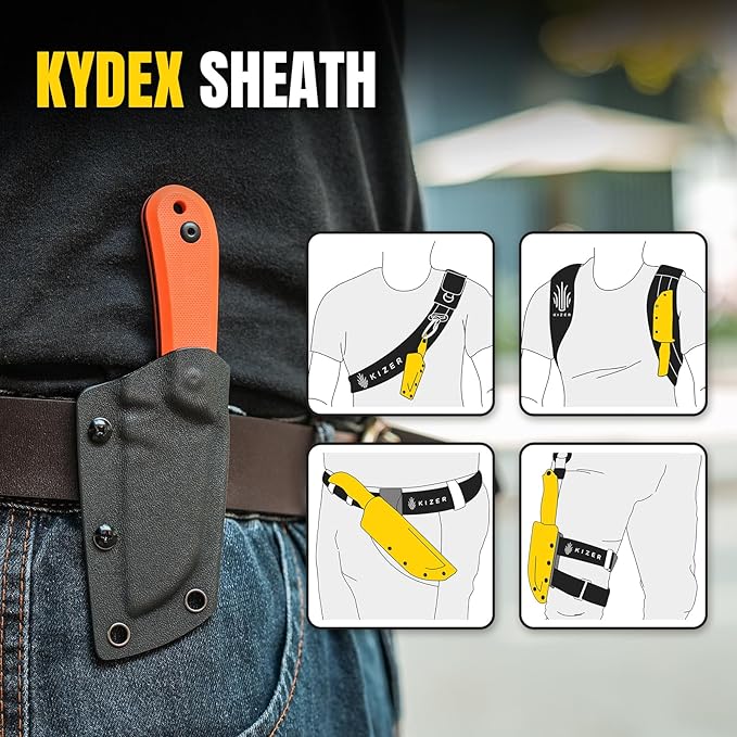 Kizer Deckhand Fixed Blade Knife with Sheath, D2 Blade Camping Knife G10 Handle, Fixed Blade EDC Knives for Men Women, Outdoor Hunting Hiking Survival Knives 1062M1