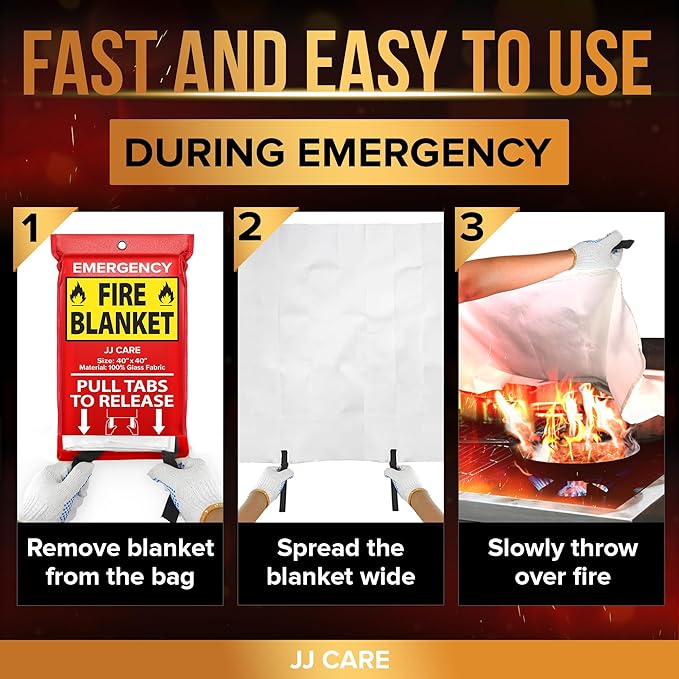 JJ CARE Fire Blanket – 7 Packs with Hooks and Gloves – 40” x 40” Fire Blankets Emergency for Home and Kitchen, High Heat Resistant and Flame Protection for Kitchen, Car, Office, Camping & Home Safety