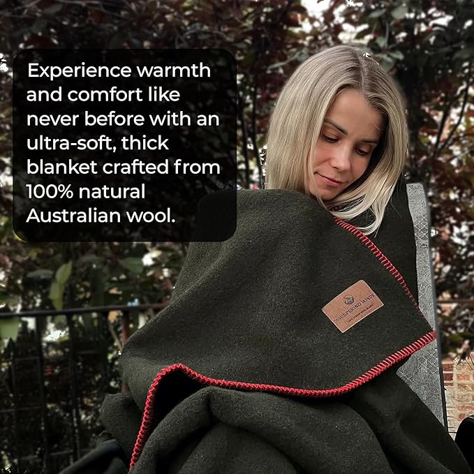 Whispering Winds 100% Wool Blanket - Premium Ultra-Soft, Thick, Warm, Large 60″x 84″ Bed & Camping Blanket for Indoor, Outdoor, Bushcraft & Survival