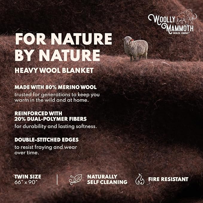 Woolly Mammoth Woolen Company Merino Wool Blanket - 66 x 90 in, Brown - Modern Twill Outdoor Throw Blanket - Self-Cleaning Washable Wool Comforter - Durable Double-Stitched Design for Cowboy Bedroll