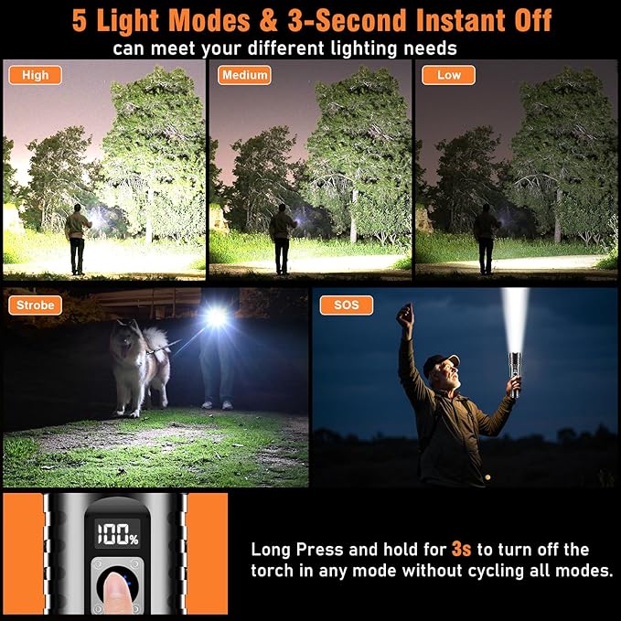 Flashlight 2000 High Lumens Rechargeable - LED Flash Light with LCD Display XHM77.2 Super Bright Police Powerful Linterna | 5 Modes & Adjustable Focus | IP67 Waterproof for Emergency Camping