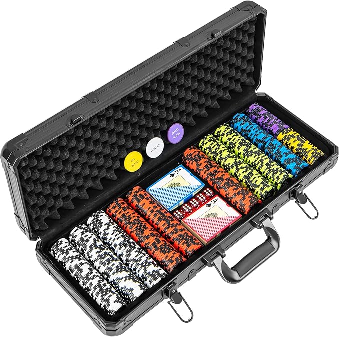 Goplus Poker Chip Set, 300 PCS/500 PCS 14 Gram Clay Poker Chips w/ Aluminum Case, Card Decks, Dealer Buttons, Dices, for Texas Holdem, Blackjack, Casino Gambling (500 PCS Chips Set)