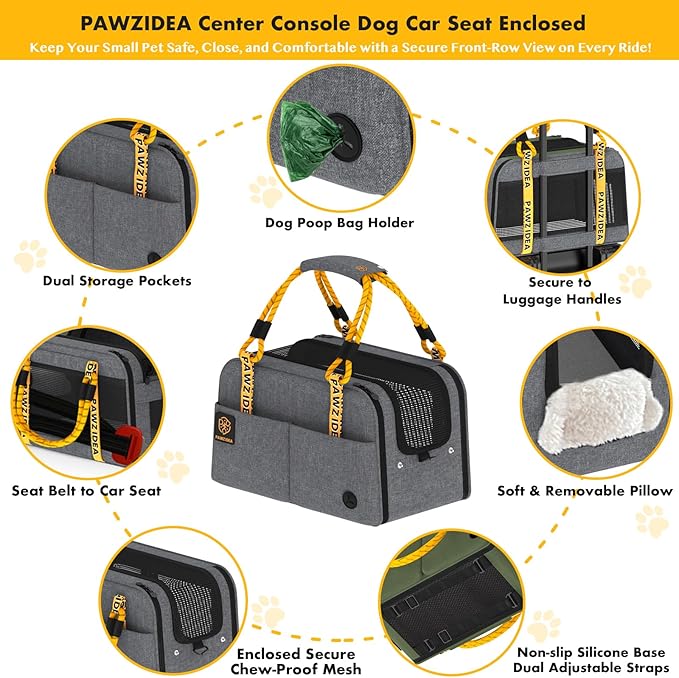 PAWZIDEA Center Console Dog Car Seat, Enclosed Secure Armrest Booster Seat for Small Dogs & Cats up 12lbs, Soft-Sided Travel Pet Carrier Safety Straps, Removable Pillow, Storage Pocket, Shoulder Strap