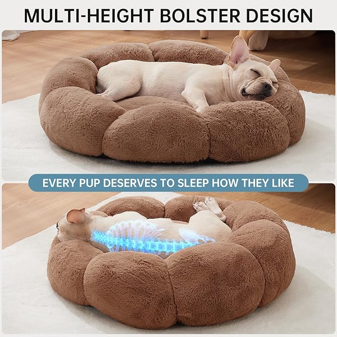 OhGeni 31 inches Calming Donut Orthopedic Dog & Cat Bed for Medium Pets, Warming Comfort Fluffy Short Pile Fur, Durable Waterproof Machine Washable Removable Cover, Cute Round Bed for Puppy, Brown