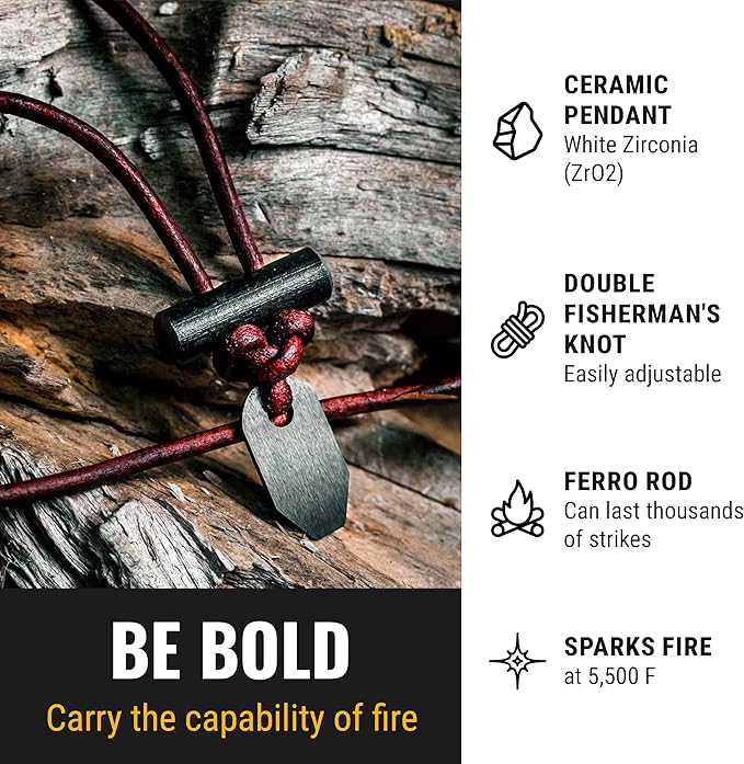 The Bushcraft - Original Fire Starter Necklace for Men, Handcrafted In USA, Weatherproof Fire Starting Necklace with Adjustable Leather Knot Design, Ideal for Traveling, Everyday Carry & Adventures