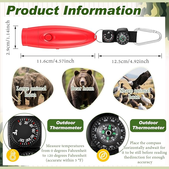 2 Set 125dB Electronic bear horn with Compass & Thermometer for hiking Loud Air Horn to Scare Bears Self Defense for Hiking Outdoor Emergency Camping Protection (4.57×1.14 Inch,Red)