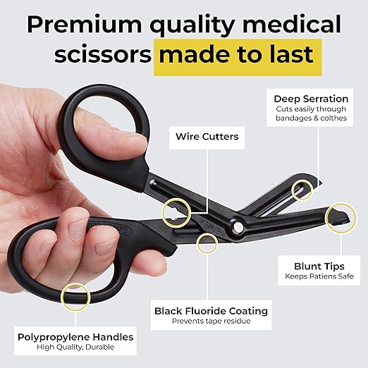 Madison 2 Pack Supply Lefthand Scissors - Black Stainless Steel with Teflon Surface, PP Handler on-Stick Coated Blades Medical Scissors - Durable Fluoride-Coated Trauma Shears - Black