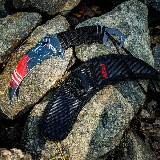 MTECH USA Fixed Blade Knife, Partially Serrated Stainless Steel Blade with Cord Wrapped Handle, Black Nylon Sheath - Hunting, Camping, Survival, Everyday Carry (Black Red)