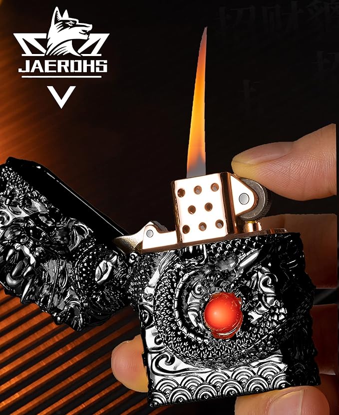 Cool Lighters, Windproof Carving Dragon Antique Lighter, Reusable Kerosene Grinding Wheel Lighter for Collection, Decorative, Gift, Present (Without Fuel) (Black)