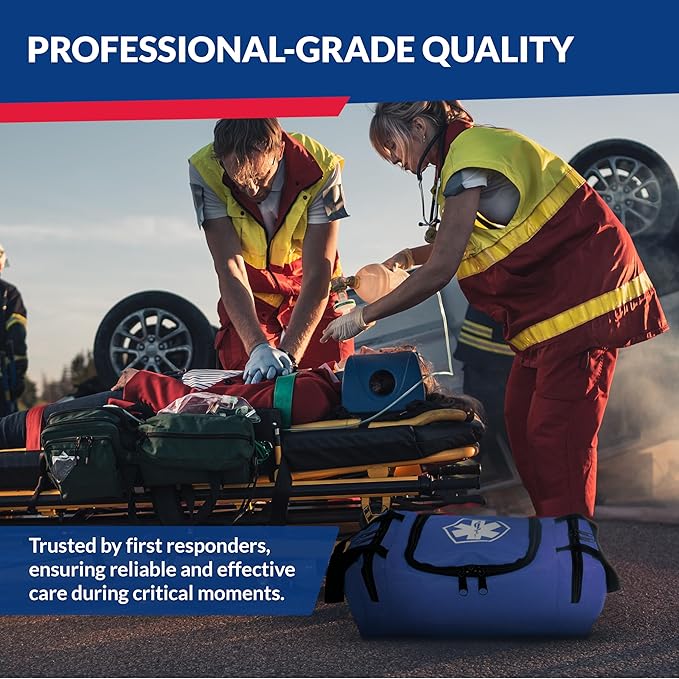 Fully Stocked Trauma First Aid Kit ??First Responder II Bag with Tools, Gauze, Bandages, Scissors & Gloves ??Compact & Portable ??OSHA and ANSI Compliant ??Blue