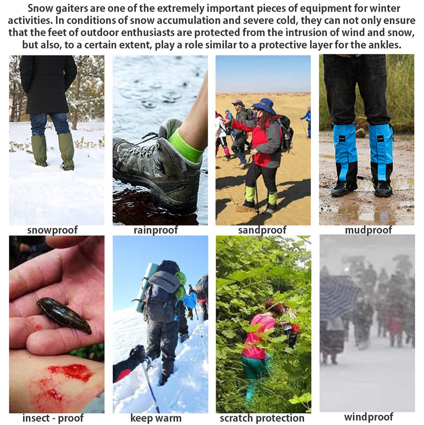 Winter Snow Gaiters for Hiking - Waterproof Ankle Covers for Snow Trekking, Skiing - Universal Fit