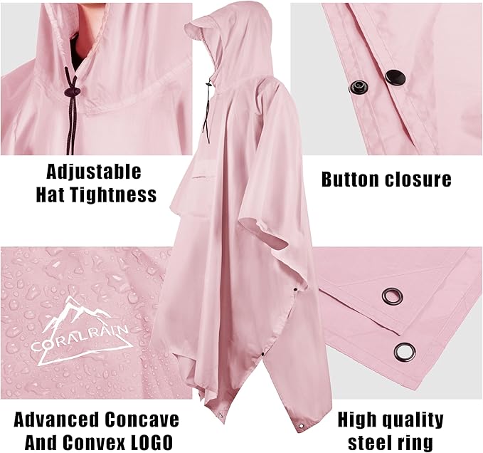 Coralrain Hooded Rain Poncho Lightweight Waterproof Unisex Raincoat Jacket with Pocket for Men Women Adult