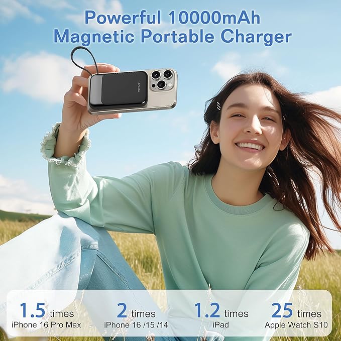 Magnetic Power Bank 10000mAh, Wireless Portable Charger with 15W Max Fast Charging & Built-in USB-C Cable, 22.5W PD LED Display Battery Pack Compatible with iPhone 16/15, Samsung Galaxy