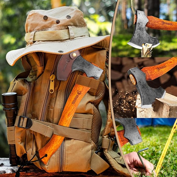 NEDFOSS Mammoth Camping Hatchet Axe, 15" Camping Axe with 1065 High Carbon Steel & Wooden Handle, Multi-Purpose Hatchet Axe for Camping, Bushcraft and Survival, Gift for Men