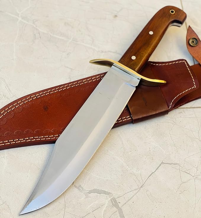 Large Bowie Knife with Leather Sheath Fixed Blade Hunting Knife D2 Steel with Leather for Outdoor Camping