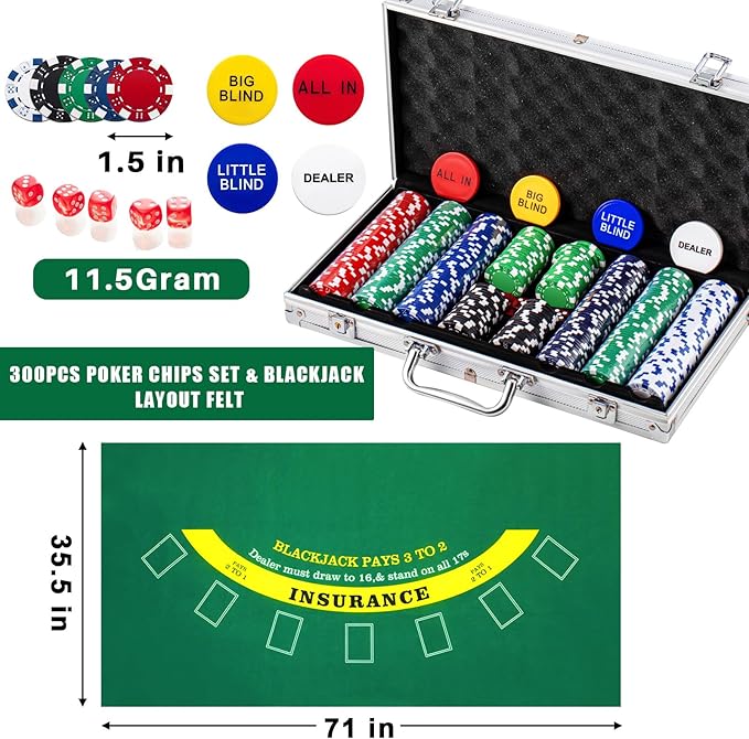 Aoriher Blackjack Casino Game Set, Include 300 Poker Chips, Casino Felt 1 Automatic Card Shuffler 6 Deck Dealer Shoe Discard Holder Tray Aluminum Case for Texas Holdem Blackjack Poker(Green)