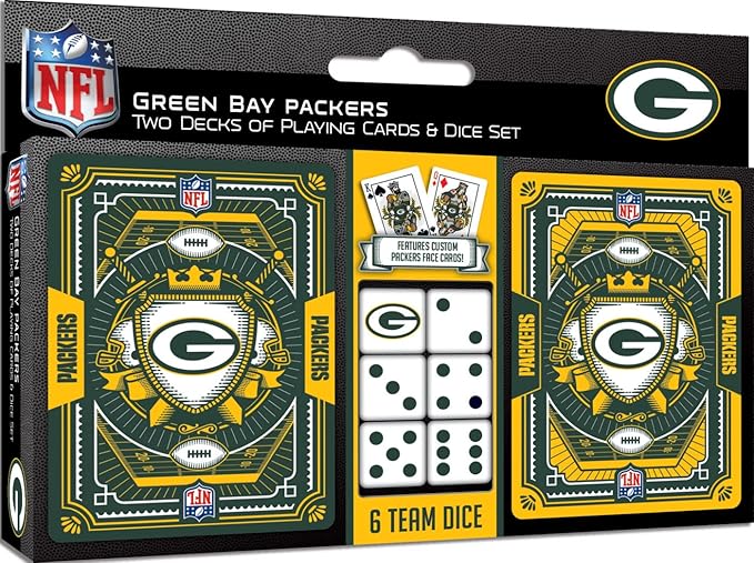 Masterpieces Game Day - NFL Green Bay Packers 2-Pack Playing Cards & Dice Pack - Officially Licensed Set for Adults and Family