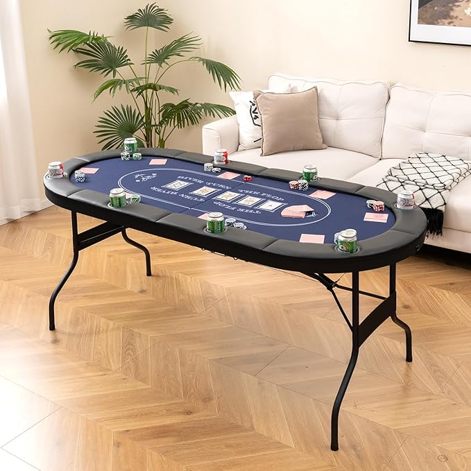 Goplus 72” Poker Table Foldable, 8 Players Card Board Game Table w/Deep Metal Cup Holders, Casino Grade Felt, Portable Folding Oval Blackjack Table for Texas Holdem, No Assembly Required (Blue)