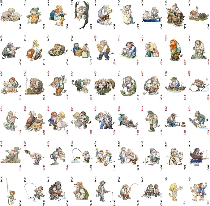 NORDIC TROLL FAMILY Playing Cards (Poker Deck 54 Cards All Different) Charming Trolls in Everyday Life Nordic Forests Fishing Trips Fights Feasts and Winter Fun Vintage Kids Book Illustration