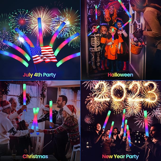 Glow Sticks Bulk, 110 PCS Foam Glow Sticks, LED Foam Sticks in The Dark Party Supplies with 3 Modes Colorful Flashing, Wedding, Concert, Party, Raves, Events, Birthday