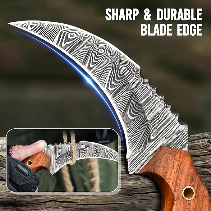 Damascus steel Handmade Knife, Survival claw Tactical teeth Knife Double edged sharp, Fixed Blade Knife With Sheath, Curved knife (Walnut Wood)