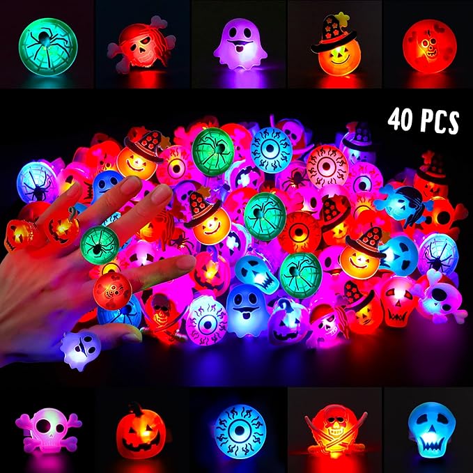 100PCS Halloween Party Favors for Kids Boys Girls, Glow LED Halloween Toys Bulk Light Up Necklace Rings Goodie Bag Fillers Stuffers Halloween Treats Non Candy Classroom Prizes Trick or Treat