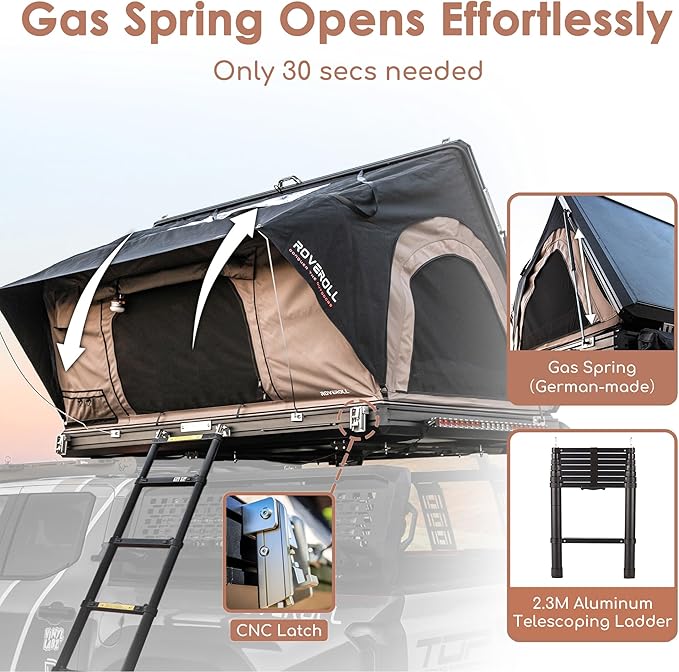Hardshell Rooftop Tent, Roof Top Tent for 2-3, with Aluminium Ladder, Skyview Window, Mattress, LED Light, Blackout-Coated for UV Protection, Waterproof, for Truck, Jeep, SUV, Van