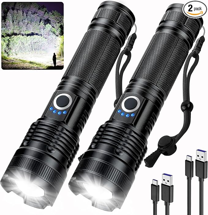 Rechargeable LED Flashlights High Lumens, 99,000 Lumens Super Bright Flashlight, Adjustable Handheld Flashlight with 5 Modes, Brightest Waterproof Flash Light for Home Camping(2 Packs)