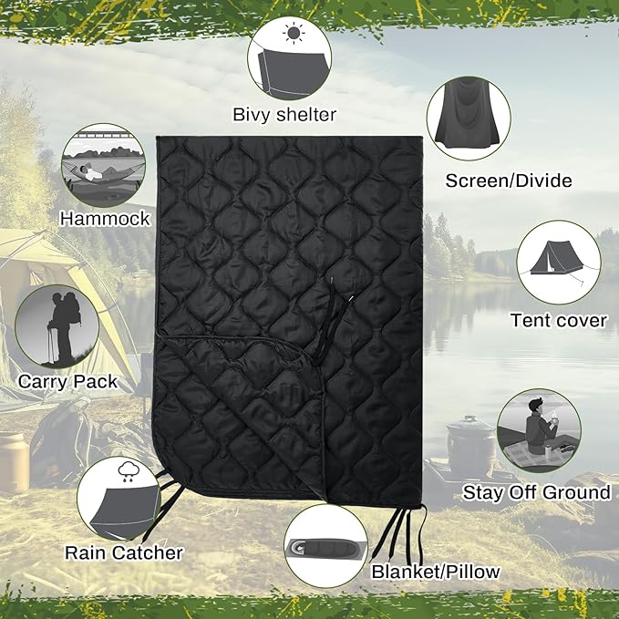 Barydat 80 x 60 Inch Woobie Military Poncho Liner Woobie Blanket Waterproof Thermal Poncho Liner with Bag Camo for Outdoor Camping Hunting Hiking