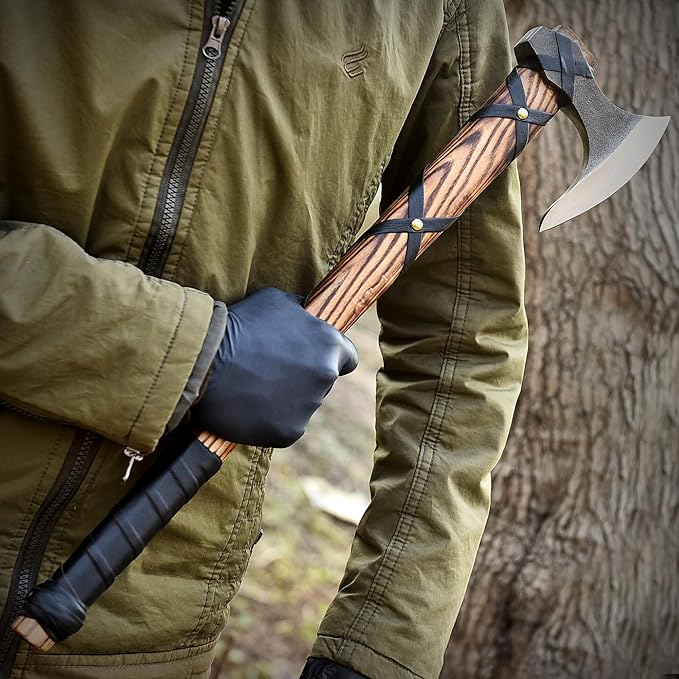 Viking Axe of Ragnar Lothbrok Hand Forged High Carbon Steel Norse Bearded | Camping Hatchet Axe with Genuine Leather Sheath Handcrafted Ash Wood Handle Throwing Tomahawk Viking Gifts for Men