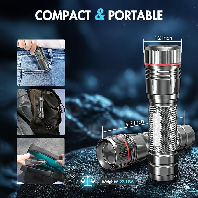 WdtPro Rechargeable Flashlights High Lumens, 2 Pack Super Bright LED Small Tactical EDC Flashlight with 10H Runtime, Portable Flash light for Camping, Home, Emergency Essentials Grey(Battery Included)