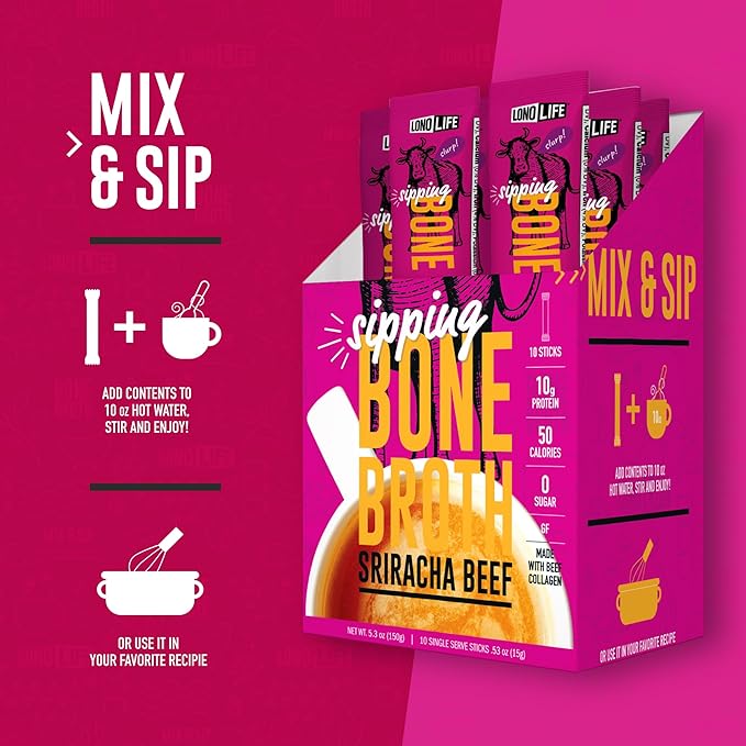 LonoLife Sriracha Beef Bone Broth Powder Mix | Grass-Fed, 10g Protein | Collagen-Rich, Keto & Paleo Friendly | Natural Ingredients | 4 Portable Stick Pack Servings