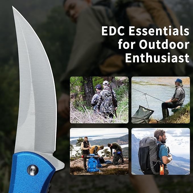 Tactical Folding Knife with upswept 440C High Carbon Stainless Steel Blade, Blue Aluminum Handle, with Deep Carry Pocket Clip, Outdoor EDC Knife for Camping, Hiking, Fishing