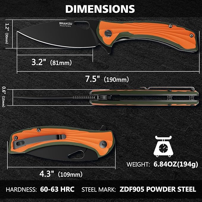 SHAN ZU Pocket Knife 3.2 in, Powder Steel Blade EDC Folding Knife for Men & Women, Utility Survival Knife with G10 Handle & Pocket Clip for Camping Fishing Hiking Hunting-Orange