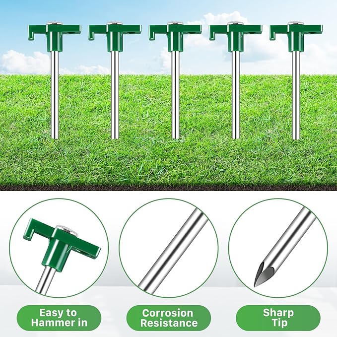 20 Pack Tent Stakes Heavy Duty, 9.6 Inch Camping Stakes, Non-Rust Metal Tent Pegs, Ground Stakes Yard Stakes with Drawstring Bag for Camping Backyards Outdoor Picnic (Green)